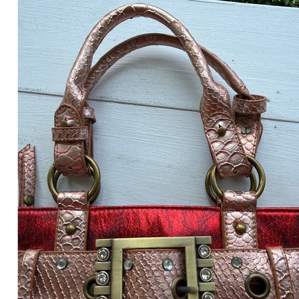Y2K Metallic Red Rhinestone Buckle Satchel Purse McBling